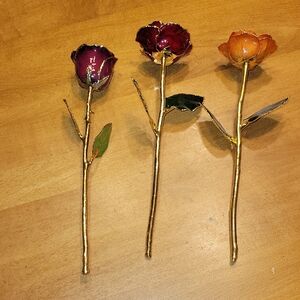 24k Gold Dipped Rose Set - 2 Red and 1 Orange